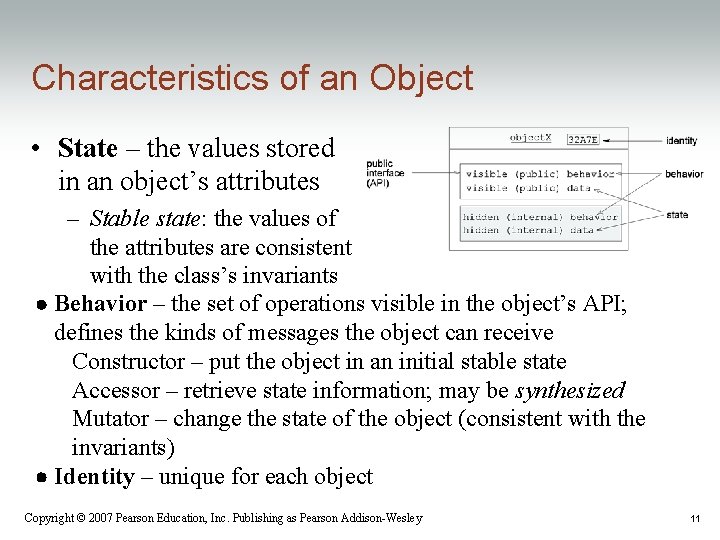 Characteristics of an Object • State – the values stored in an object’s attributes Characteristics of an Object • State – the values stored in an object’s attributes