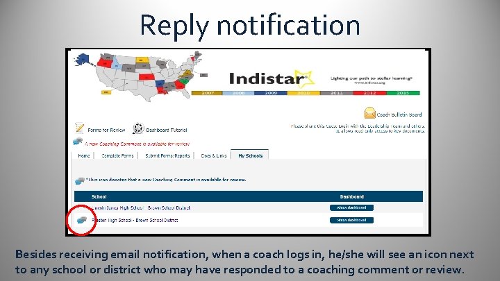 Reply notification Besides receiving email notification, when a coach logs in, he/she will see