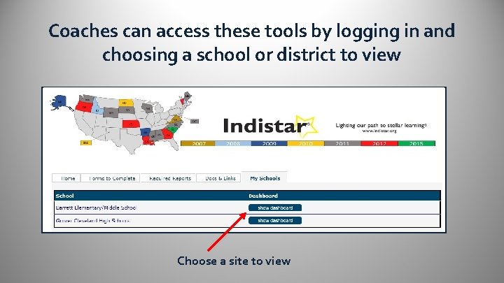 Coaches can access these tools by logging in and choosing a school or district