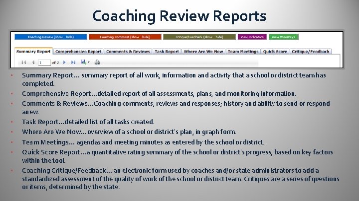 Coaching Review Reports • • Summary Report. . . summary report of all work,