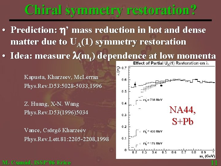 Chiral symmetry restoration? • Prediction: h’ mass reduction in hot and dense matter due