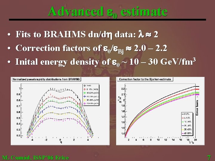 Advanced e 0 estimate • Fits to BRAHMS dn/dh data: l 2 • Correction