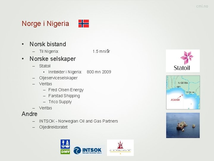 Norge i Nigeria • Norsk bistand – Til Nigeria: 1. 5 mn/år • Norske