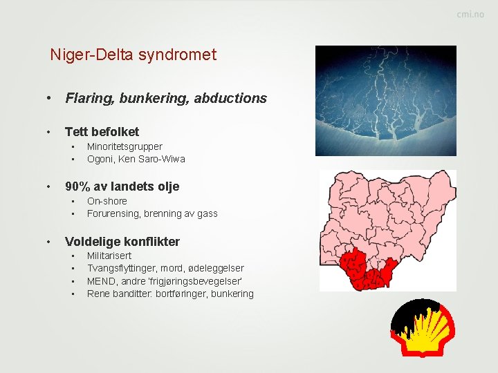 Niger-Delta syndromet • Flaring, bunkering, abductions • Tett befolket • • • 90% av