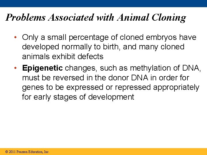 Problems Associated with Animal Cloning • Only a small percentage of cloned embryos have