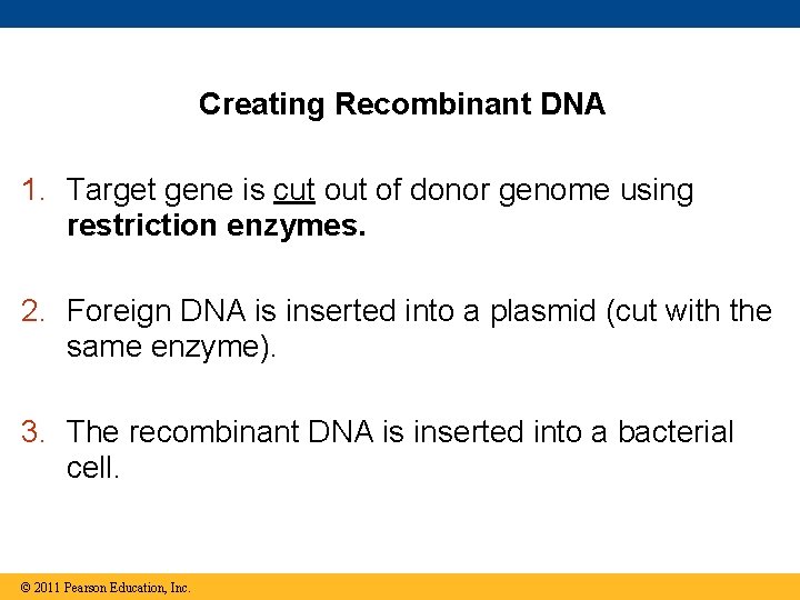 Creating Recombinant DNA 1. Target gene is cut of donor genome using restriction enzymes.