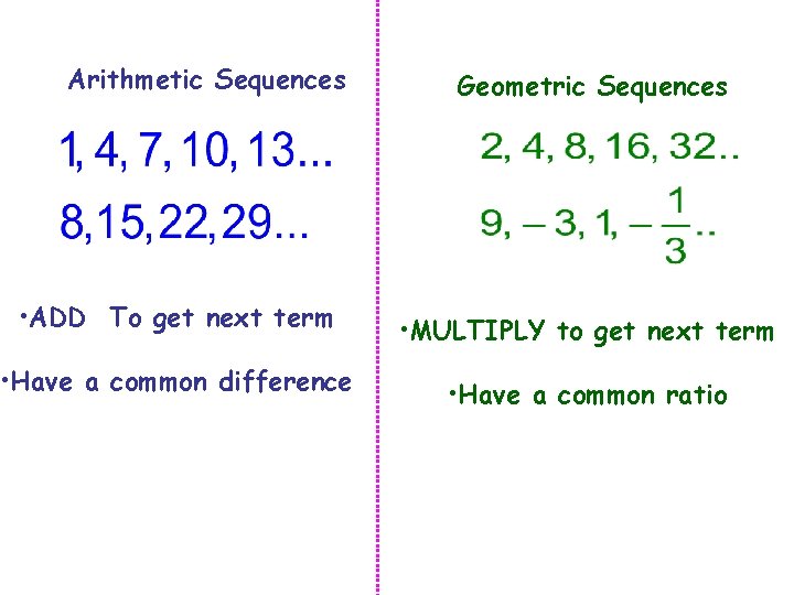 Arithmetic Sequences Geometric Sequences • ADD To get next term • MULTIPLY to get