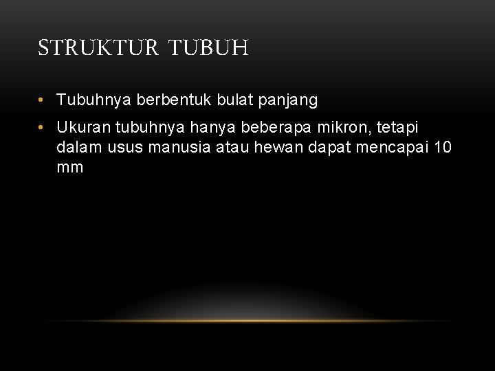 STRUKTUR TUBUH • Tubuhnya berbentuk bulat panjang • Ukuran tubuhnya hanya beberapa mikron, tetapi