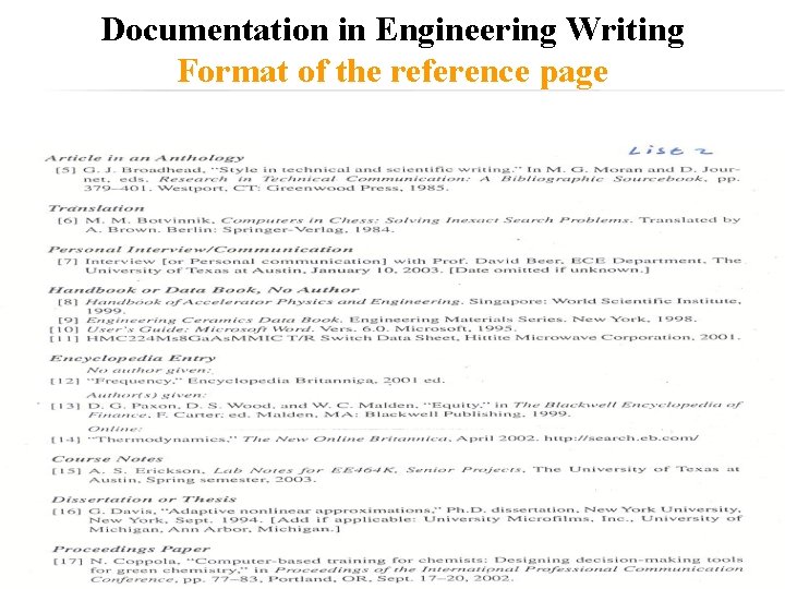 Documentation in Engineering Writing Format of the reference page 10 