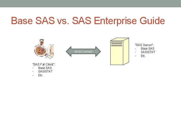 Base SAS vs. SAS Enterprise Guide SAS/Connect ”SAS Fat Client”: - Base SAS -