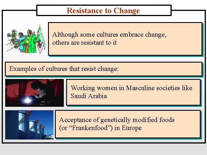 Resistance to Change Although some cultures embrace change, others are resistant to it Examples