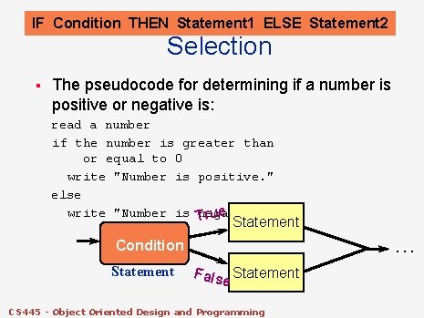 IF Condition THEN Statement 1 ELSE Statement 2 Selection § The pseudocode for determining