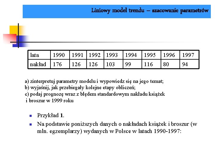 Liniowy model trendu – szacowanie parametrów lata 1990 1991 1992 1993 1994 1995 1996