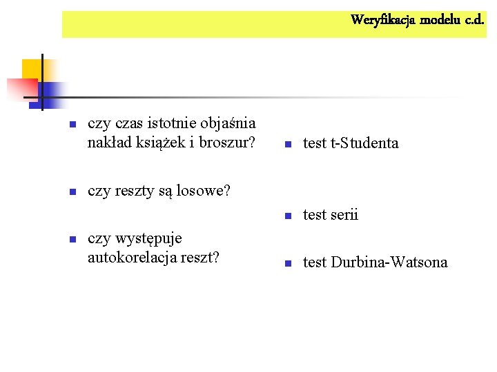 Weryfikacja modelu c. d. n n n czy czas istotnie objaśnia nakład książek i