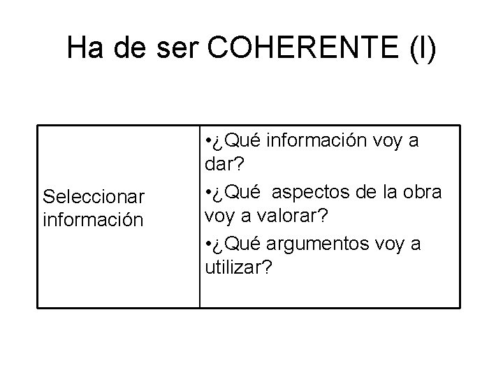 Ha de ser COHERENTE (I) Seleccionar información • ¿Qué información voy a dar? •