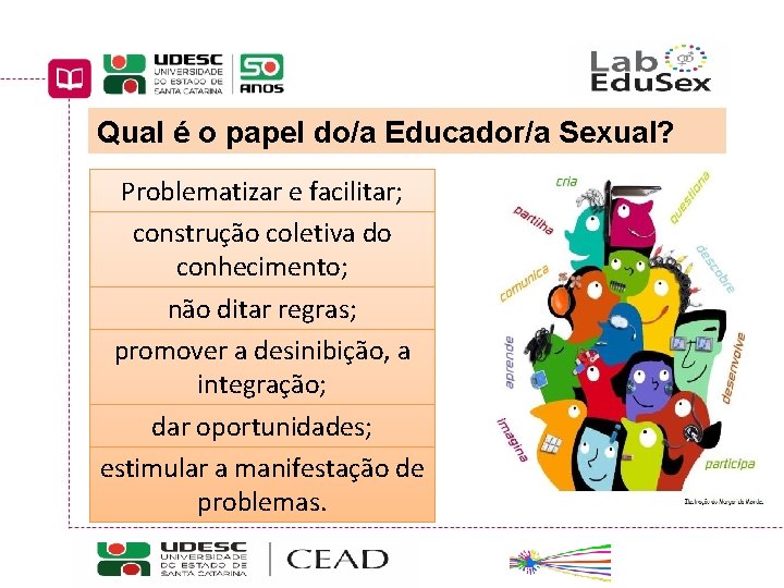 Qual é o papel do/a Educador/a Sexual? Problematizar e facilitar; construção coletiva do conhecimento;