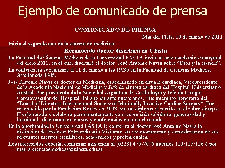 Ejemplo de comunicado de prensa COMUNICADO DE PRENSA Mar del Plata, 10 de marzo
