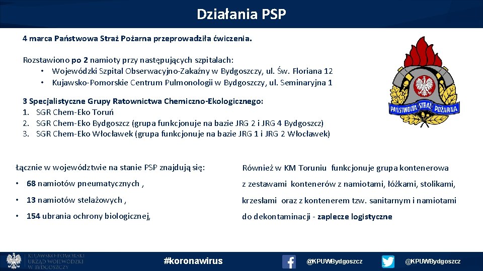 Działania PSP 4 marca Państwowa Straż Pożarna przeprowadziła ćwiczenia. Rozstawiono po 2 namioty przy