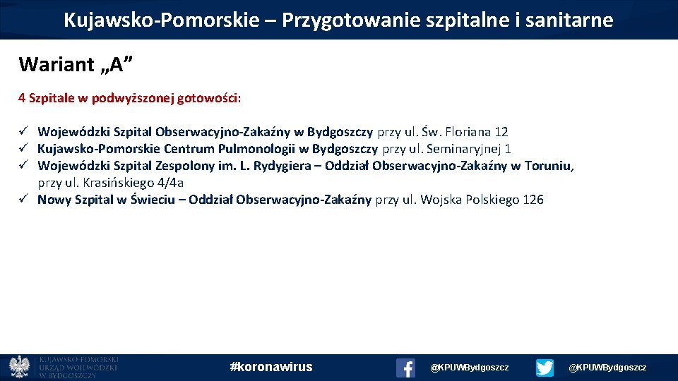 Kujawsko-Pomorskie – Przygotowanie szpitalne i sanitarne Wariant „A” 4 Szpitale w podwyższonej gotowości: ü