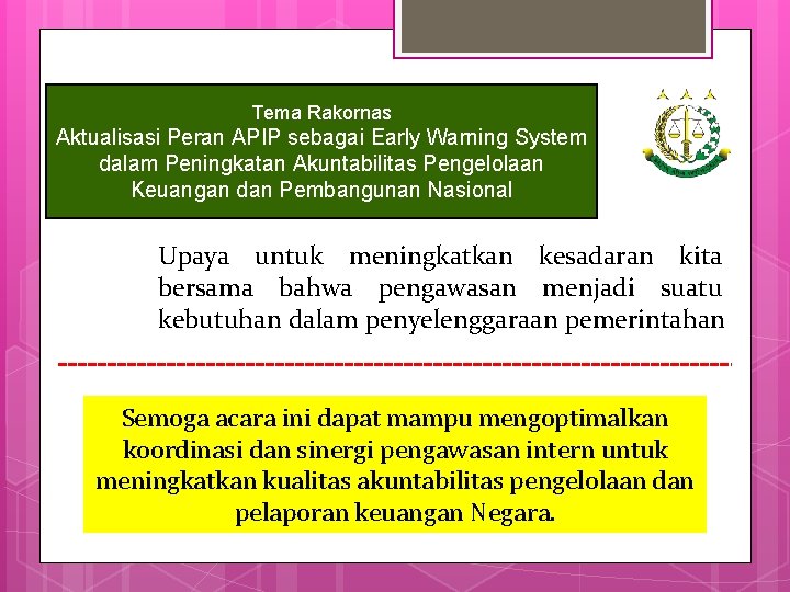 Tema Rakornas Aktualisasi Peran APIP sebagai Early Warning System dalam Peningkatan Akuntabilitas Pengelolaan Keuangan