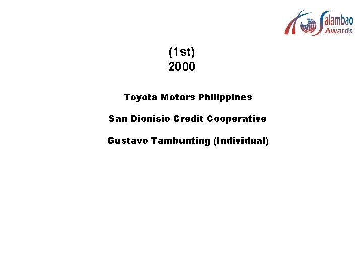 (1 st) 2000 Toyota Motors Philippines San Dionisio Credit Cooperative Gustavo Tambunting (Individual) 