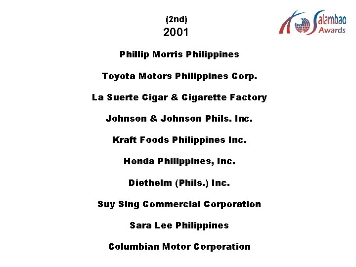 (2 nd) 2001 Phillip Morris Philippines Toyota Motors Philippines Corp. La Suerte Cigar &