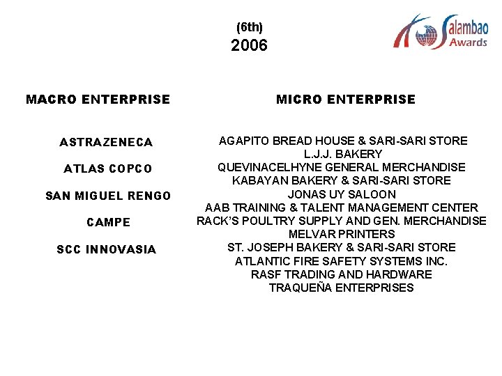 (6 th) 2006 MACRO ENTERPRISE ASTRAZENECA ATLAS COPCO SAN MIGUEL RENGO CAMPE SCC INNOVASIA
