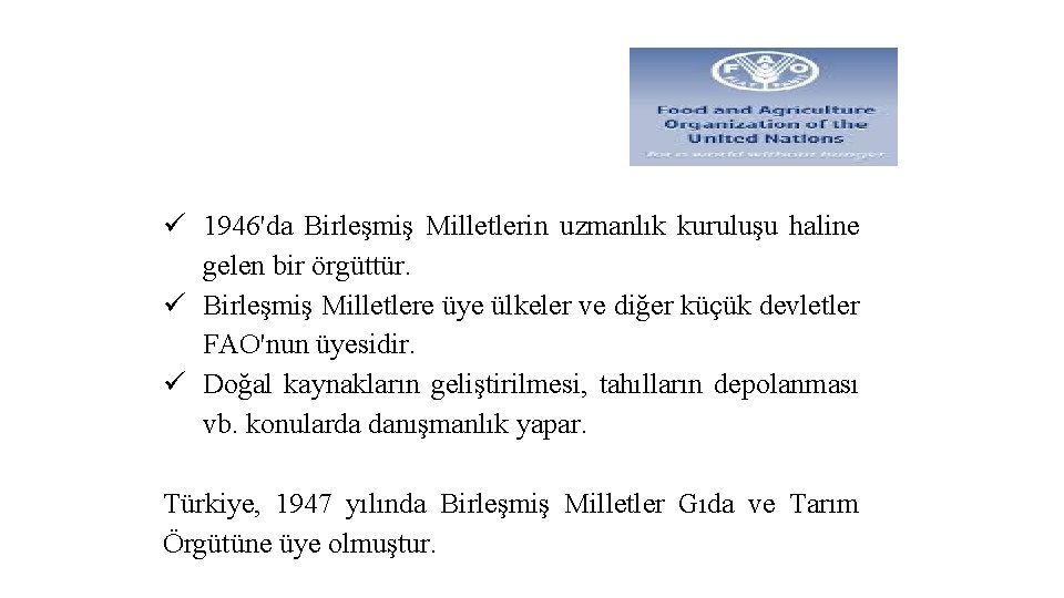 Birleşmiş Milletler Gıda ve Tarım Örgütü (FAO) ü 1946'da Birleşmiş Milletlerin uzmanlık kuruluşu haline