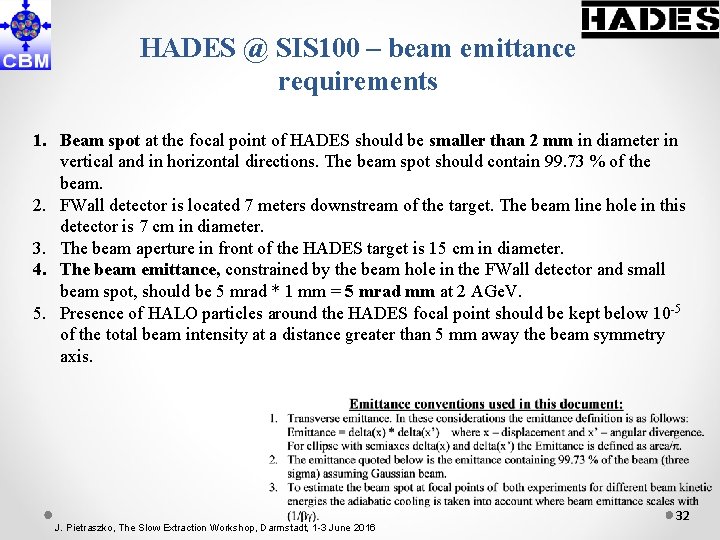 HADES @ SIS 100 – beam emittance requirements 1. Beam spot at the focal