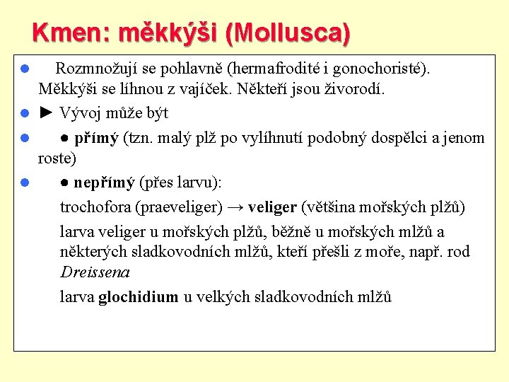 Kmen: měkkýši (Mollusca) ►Rozmnožují se pohlavně (hermafrodité i gonochoristé). Měkkýši se líhnou z vajíček.