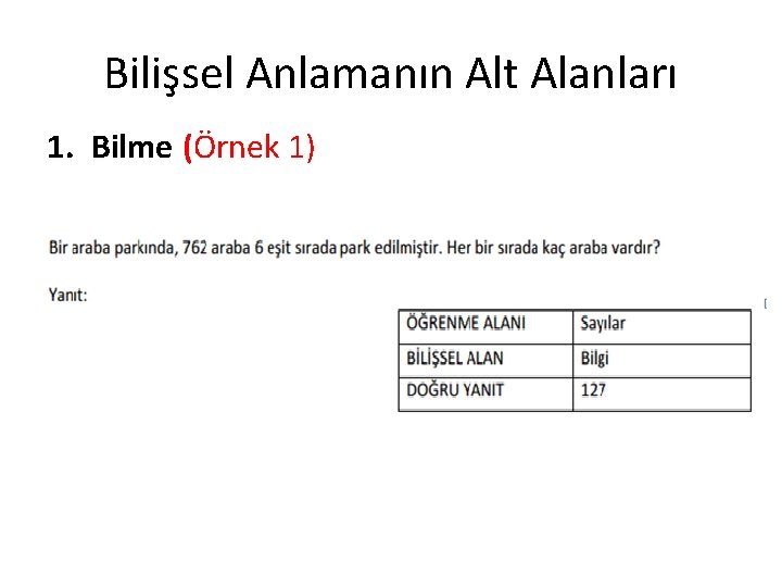 Bilişsel Anlamanın Alt Alanları 1. Bilme (Örnek 1) 