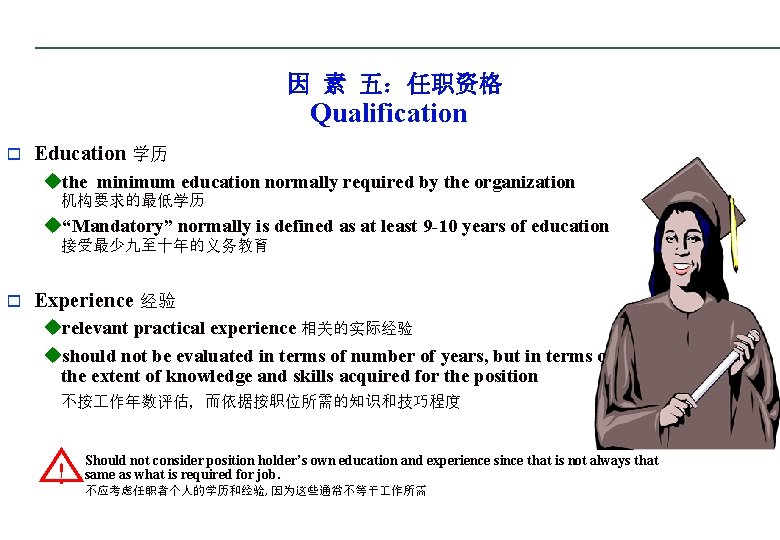 因 素 五：任职资格 Qualification o Education 学历 uthe minimum education normally required by the
