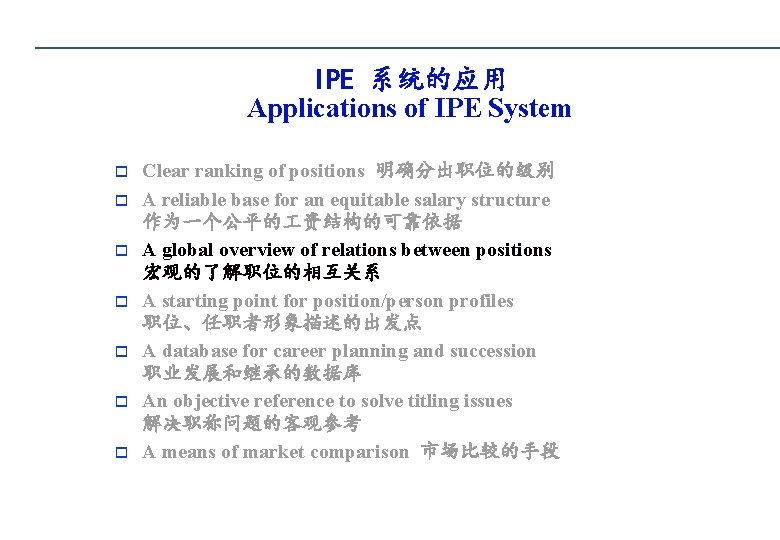 IPE 系统的应用 Applications of IPE System o o o o Clear ranking of positions