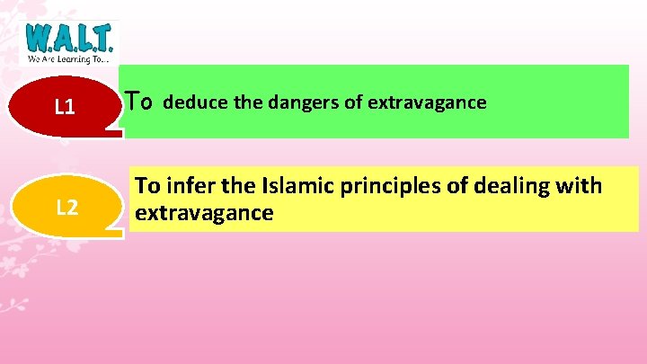 L 1 L 2 To deduce the dangers of extravagance To infer the Islamic