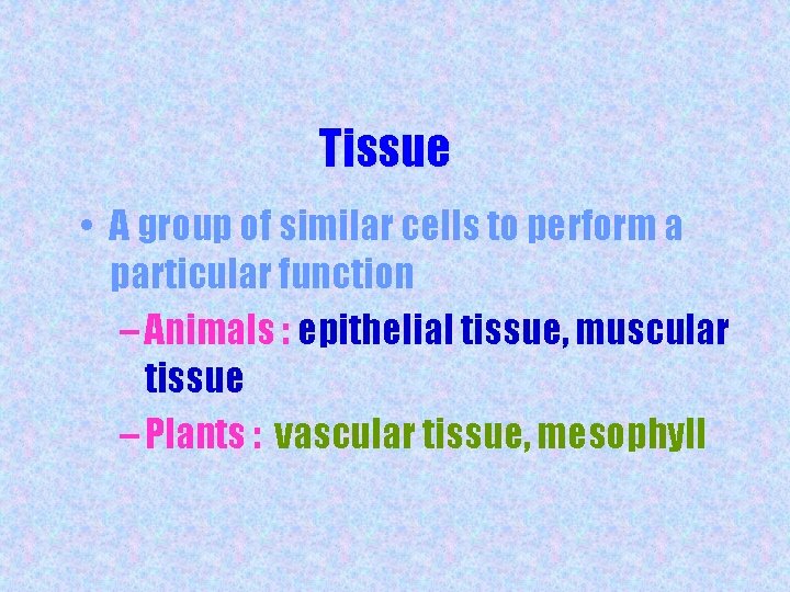 Tissue • A group of similar cells to perform a particular function – Animals