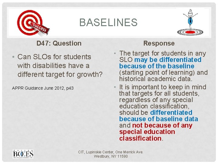 BASELINES D 47: Question • Can SLOs for students with disabilities have a different