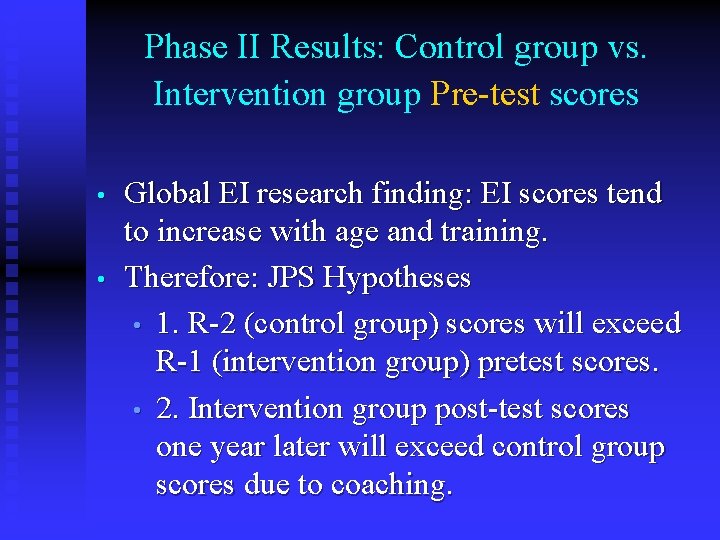 Phase II Results: Control group vs. Intervention group Pre-test scores • • Global EI