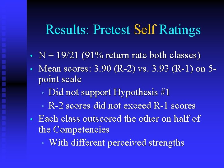 Results: Pretest Self Ratings • • • N = 19/21 (91% return rate both