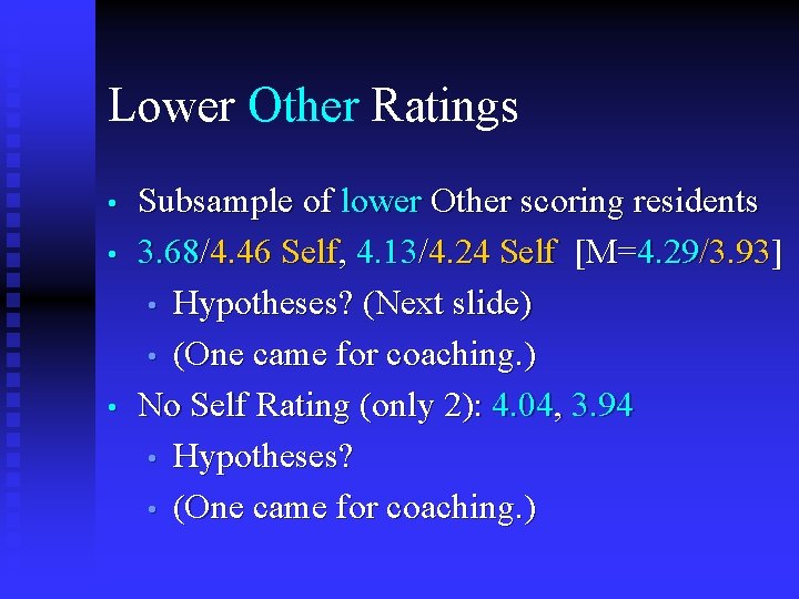 Lower Other Ratings • • • Subsample of lower Other scoring residents 3. 68/4.