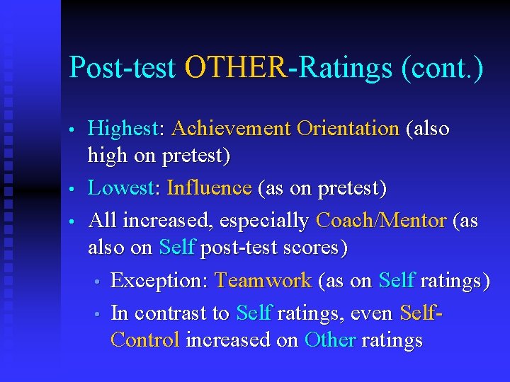 Post-test OTHER-Ratings (cont. ) • • • Highest: Achievement Orientation (also high on pretest)