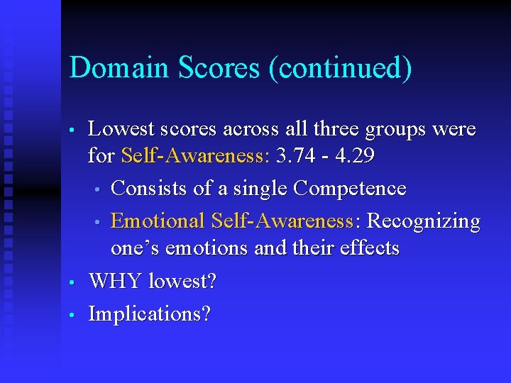 Domain Scores (continued) • • • Lowest scores across all three groups were for