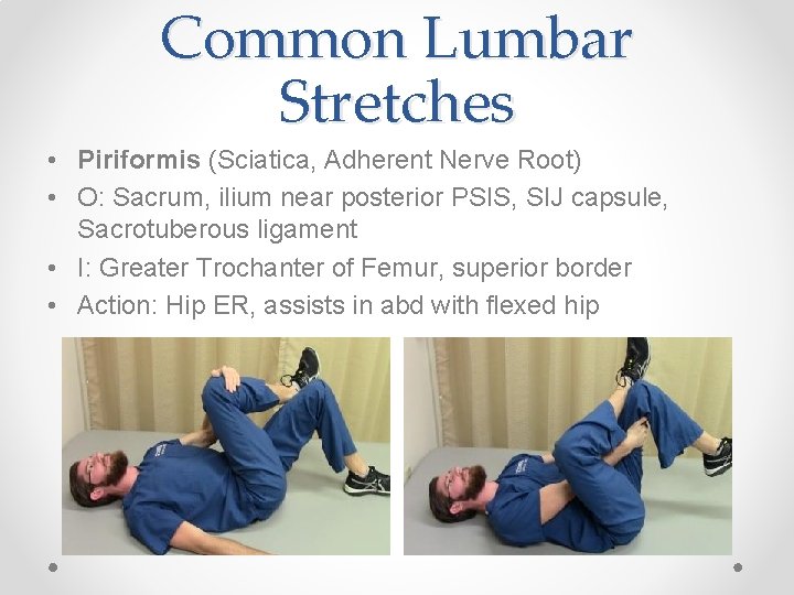 Common Lumbar Stretches • Piriformis (Sciatica, Adherent Nerve Root) • O: Sacrum, ilium near Common Lumbar Stretches • Piriformis (Sciatica, Adherent Nerve Root) • O: Sacrum, ilium near