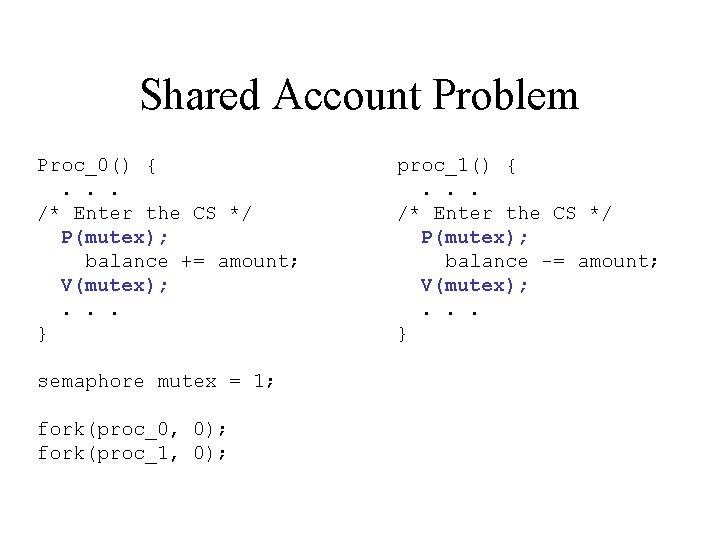 Shared Account Problem Proc_0() {. . . /* Enter the CS */ P(mutex); balance