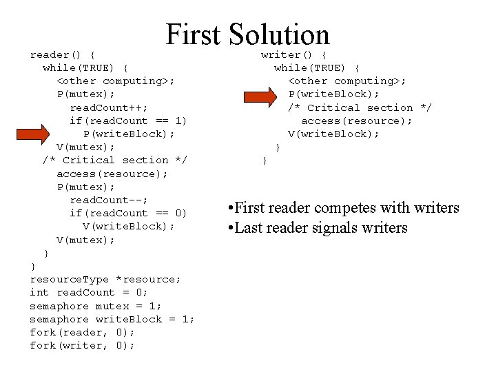 First Solution reader() { while(TRUE) { <other computing>; P(mutex); read. Count++; if(read. Count ==