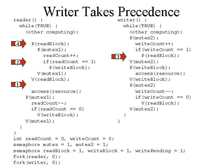 Writer Takes Precedence reader() { while(TRUE) { <other computing>; 4 P(read. Block); P(mutex 1);