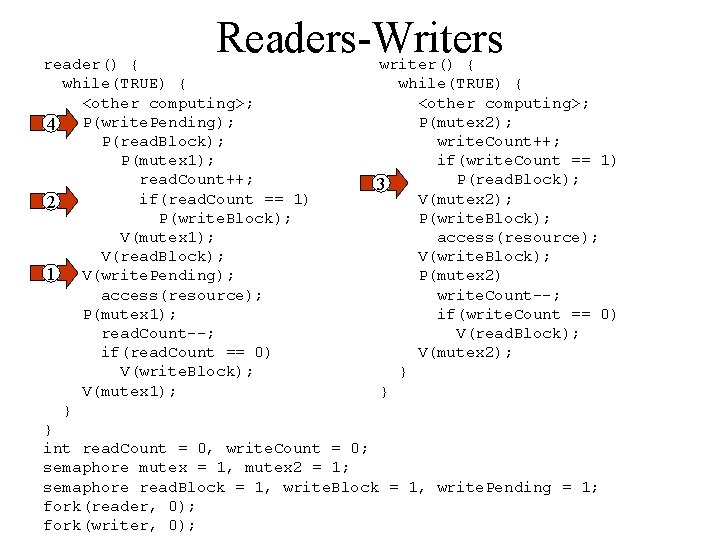 Readers-Writers reader() { writer() { while(TRUE) { <other computing>; P(mutex 2); 4 P(write. Pending);