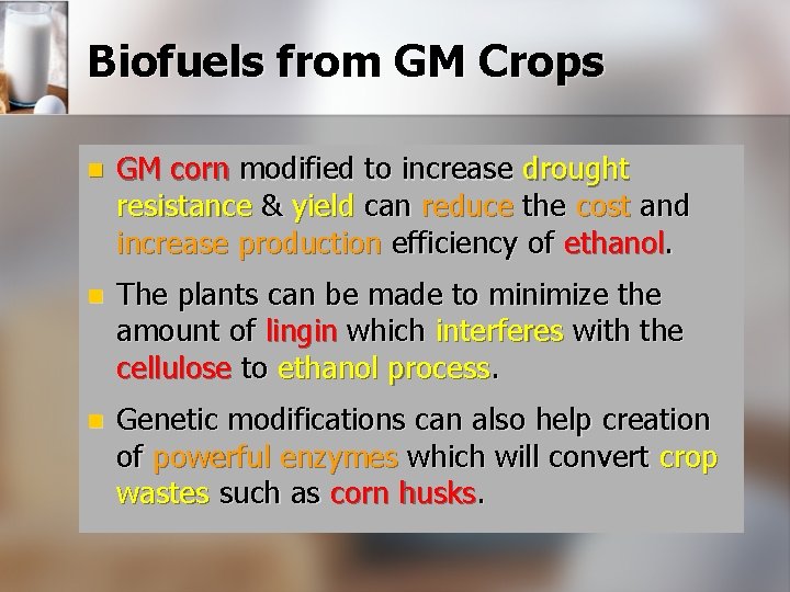 Biofuels from GM Crops n GM corn modified to increase drought resistance & yield
