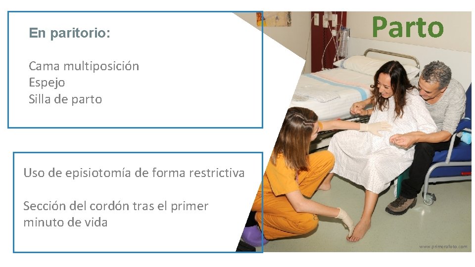 En paritorio: Parto Cama multiposición Espejo Silla de parto Uso de episiotomía de forma