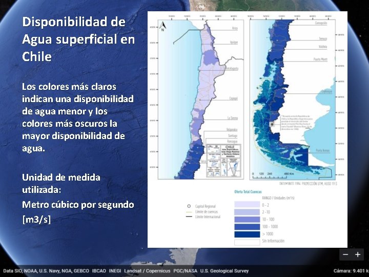 Disponibilidad de Agua superficial en Chile Los colores más claros indican una disponibilidad de