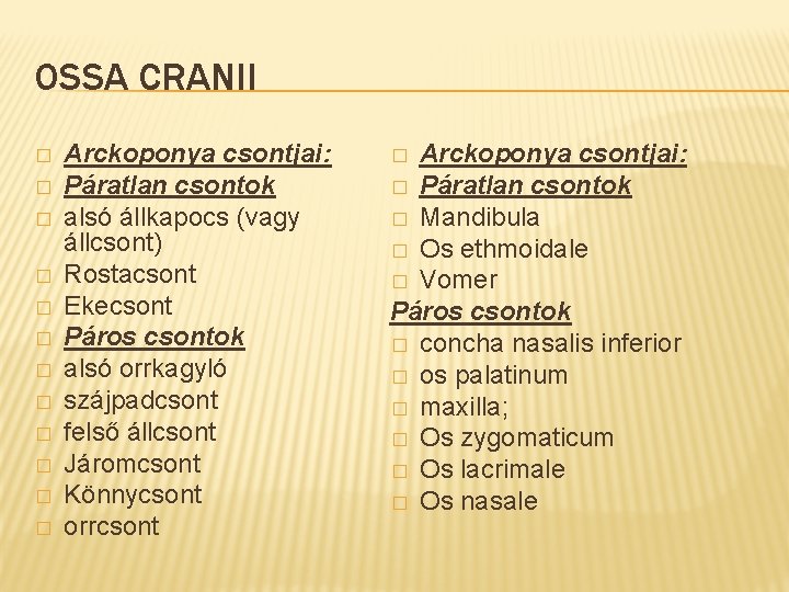 OSSA CRANII � � � Arckoponya csontjai: Páratlan csontok alsó állkapocs (vagy állcsont) Rostacsont